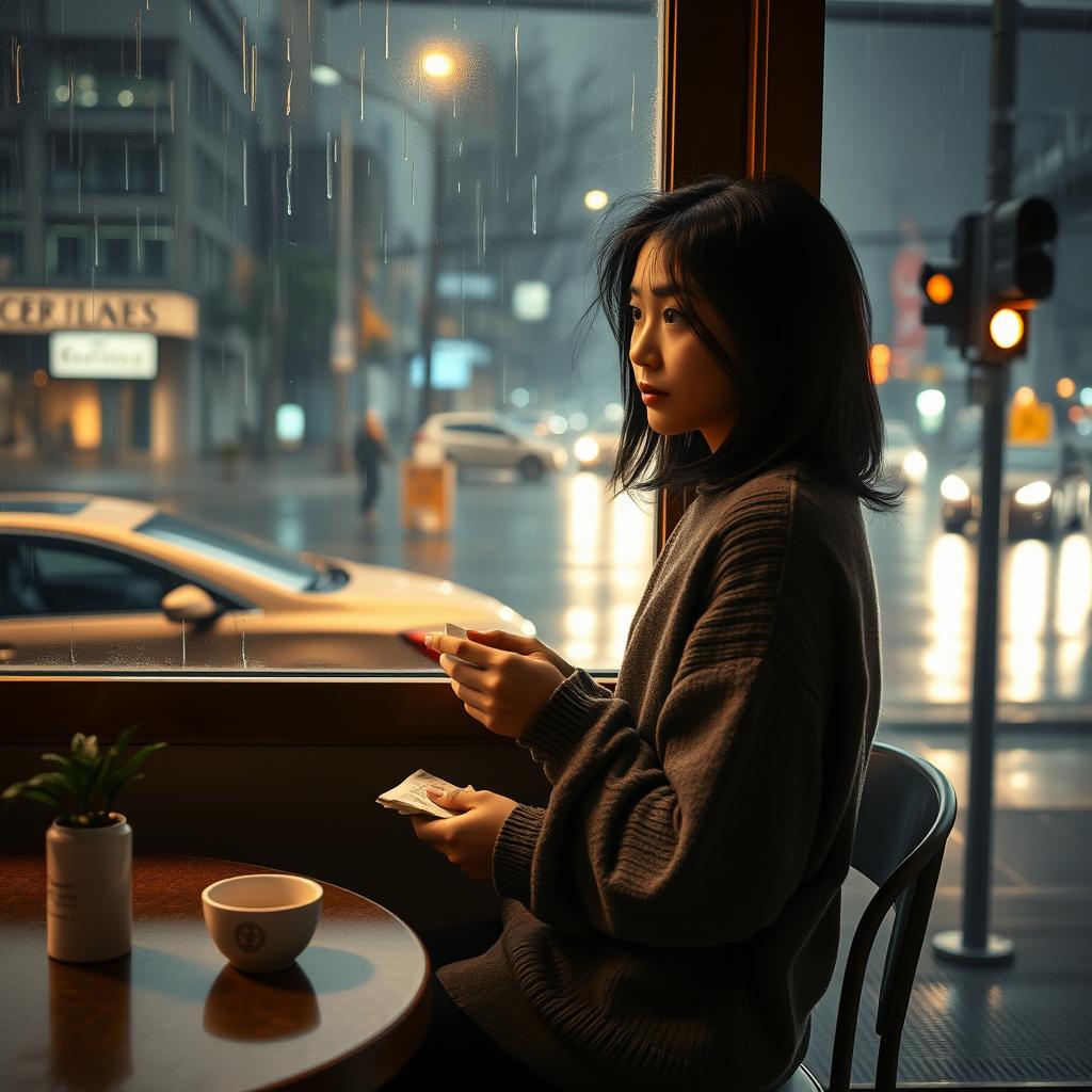 A young Indonesian woman with shoulder-length black hair, wearing a comfortable sweater, sits alone in a cozy café, gazing thoughtfully at her coffee cup