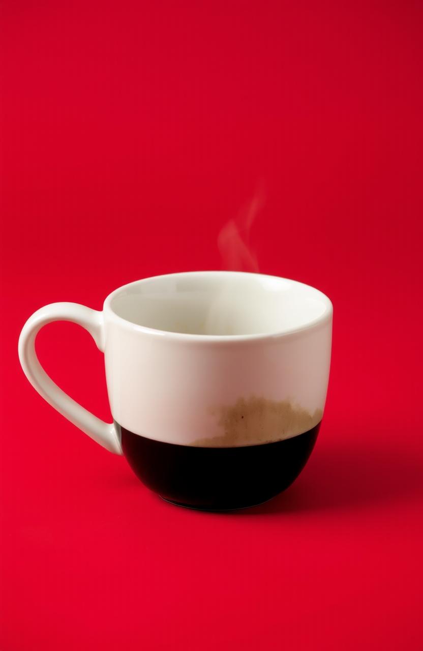 A visually striking image featuring a coffee cup that is almost empty, placed on a vibrant red background