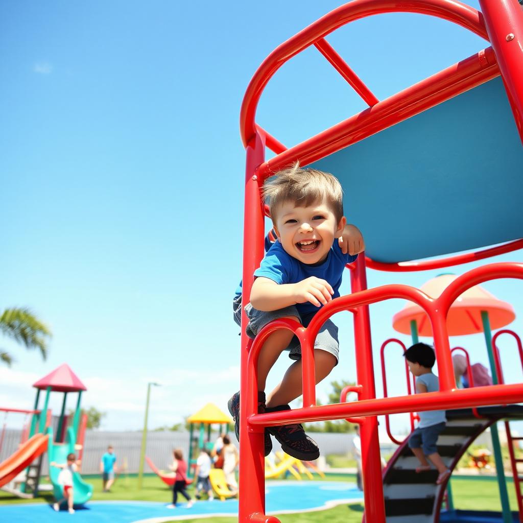 A lively scene of a young boy playing joyfully in a colorful playground