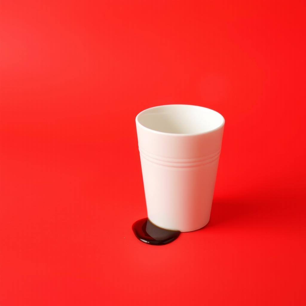 A vibrant red background featuring a coffee cup that is almost empty, with remnants of coffee visible at the bottom