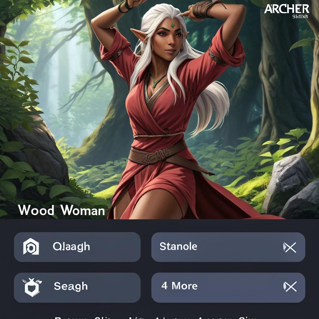 wood elf woman, brown skin, long white hair, archer