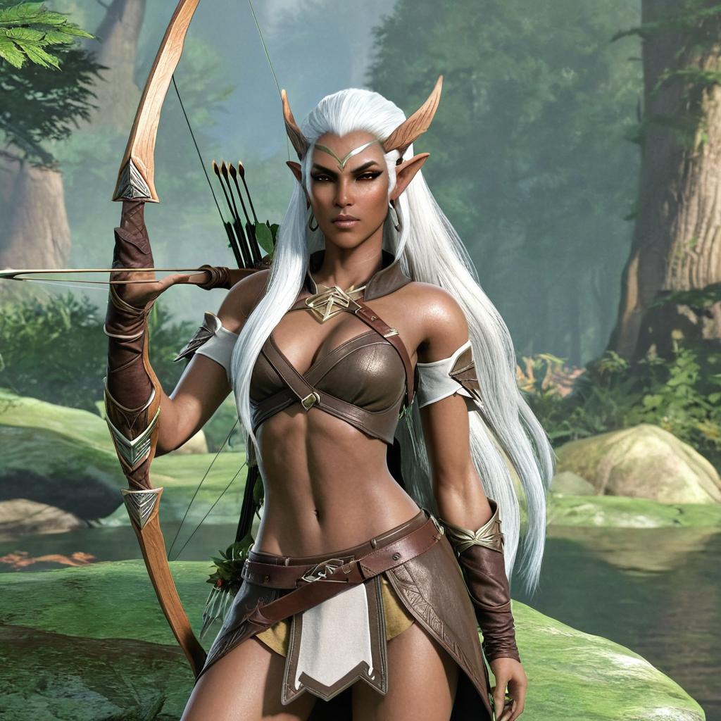 wood elf woman, brown skin, long white hair, archer