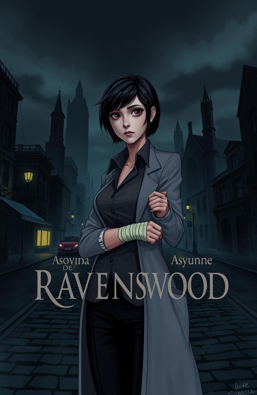 A dark and atmospheric cityscape representing the setting of 'A Sombra de Ravenswood', featuring a slightly gothic style