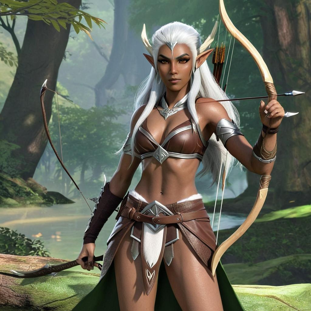 wood elf woman, brown skin, long white hair, archer