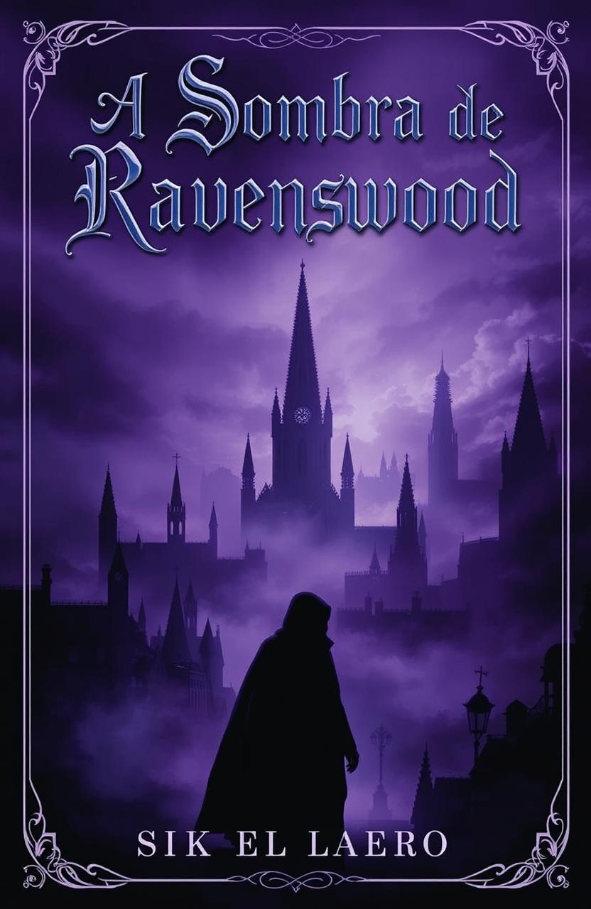 A captivating book cover for 'A Sombra de Ravenswood', featuring a dark and mysterious city in the background