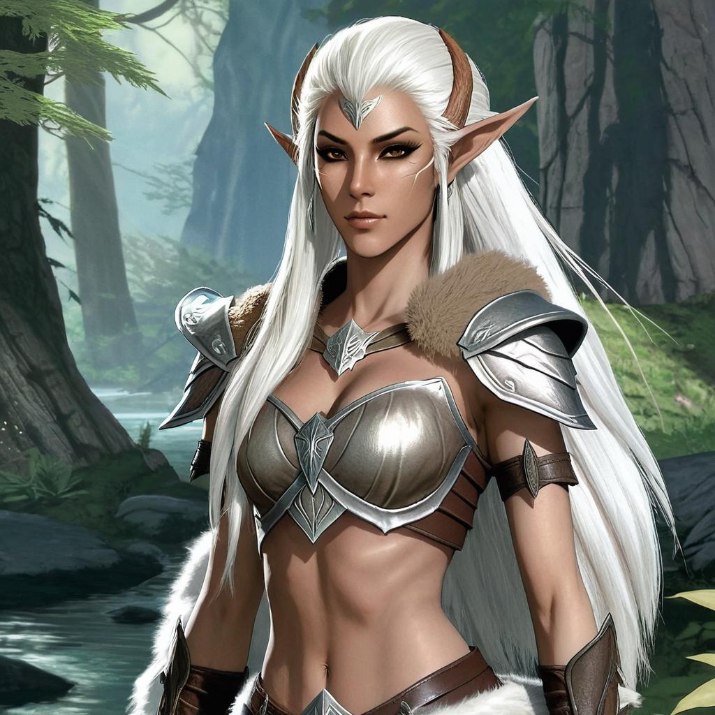 drawing of a wood elf woman with light brown skin and long white hair, wearing fur armor from skyrim
