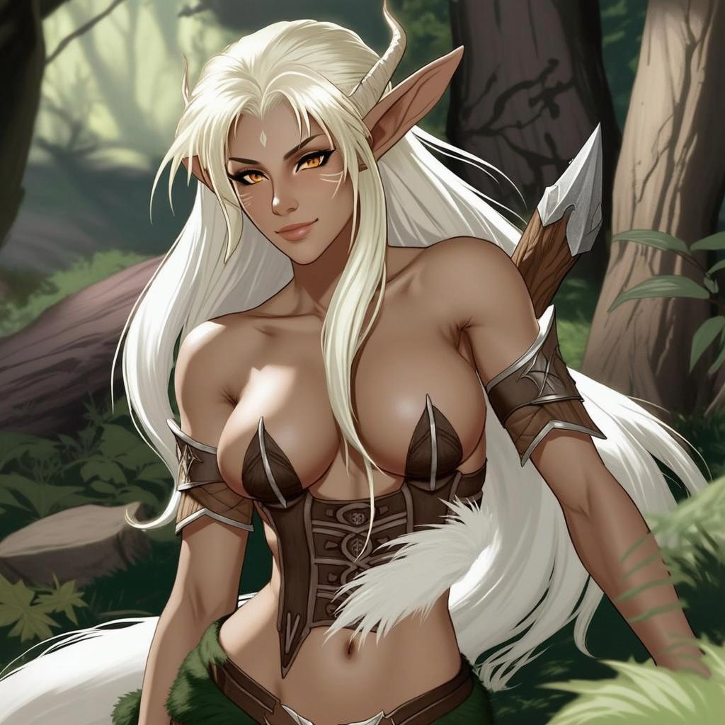 a wood elf woman with light brown skin and long white hair, wearing intricately designed fur armor inspired by Skyrim