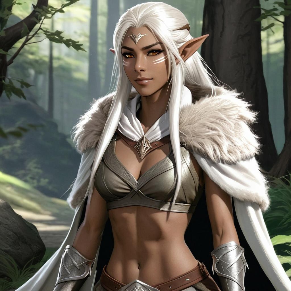drawing of an athletic wood elf woman with light brown skin and long white hair wearing fur mantle and clothing