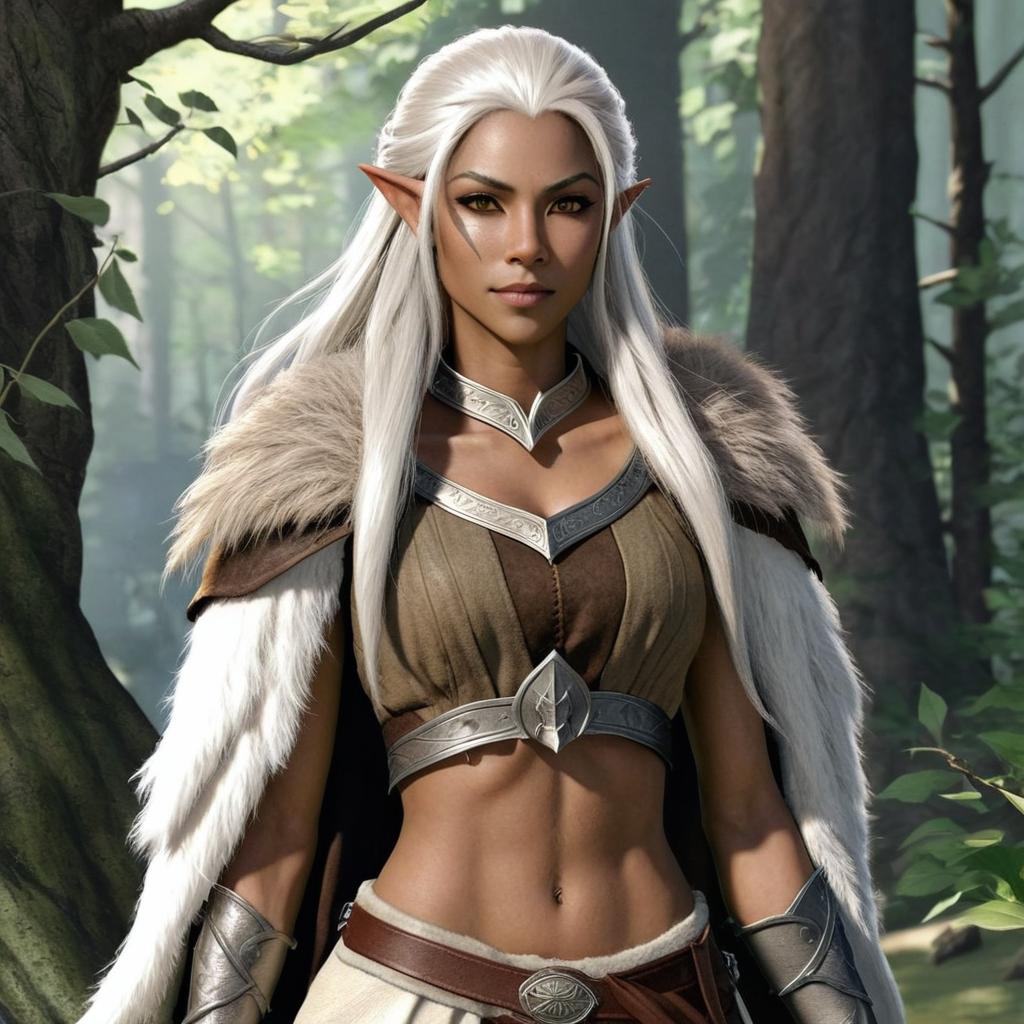 drawing of an athletic wood elf woman with light brown skin and long white hair wearing medieval fur clothing