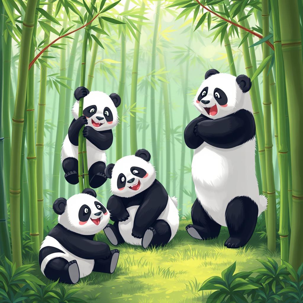 A whimsical scene featuring two female pandas and two male pandas, set in a lush green bamboo forest