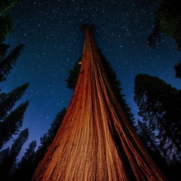 An impossibly large redwood tree reaching up to the stars in a vibrant night sky.