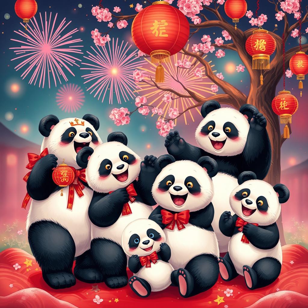 A joyful scene featuring two female pandas and two male pandas celebrating the Chinese New Year