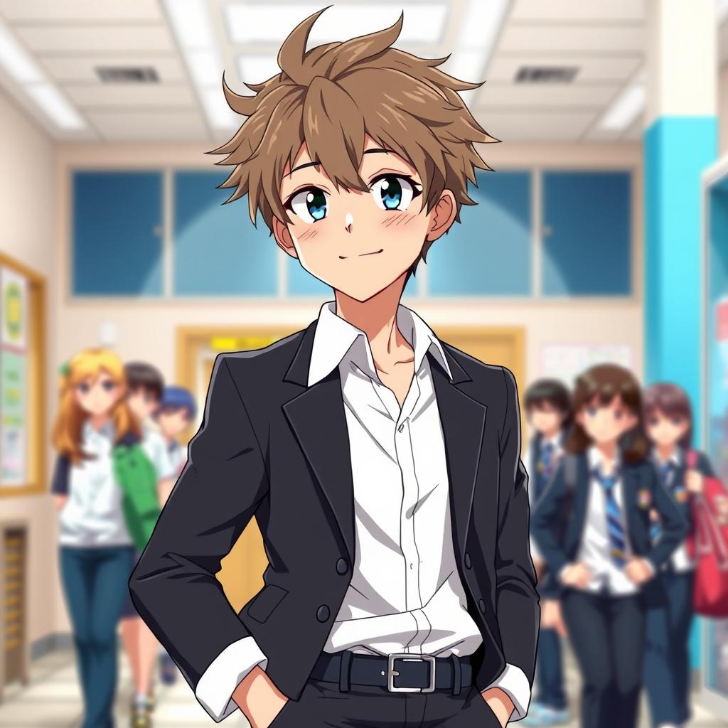 A teenage anime boy wearing a stylish school uniform, featuring a crisp white shirt, a dark blazer, and tailored trousers