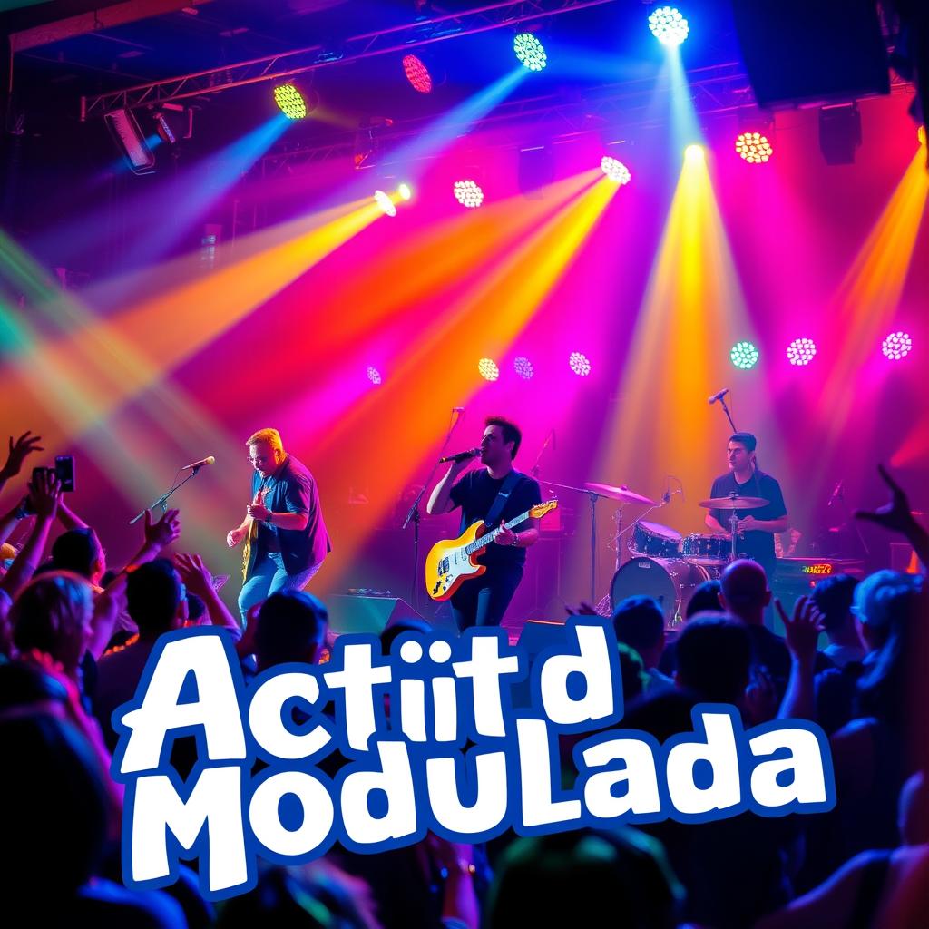 An electrifying live concert scene featuring a dynamic band performance on stage, vivid lights illuminating the atmosphere, and an enthusiastic crowd dancing and enjoying the music