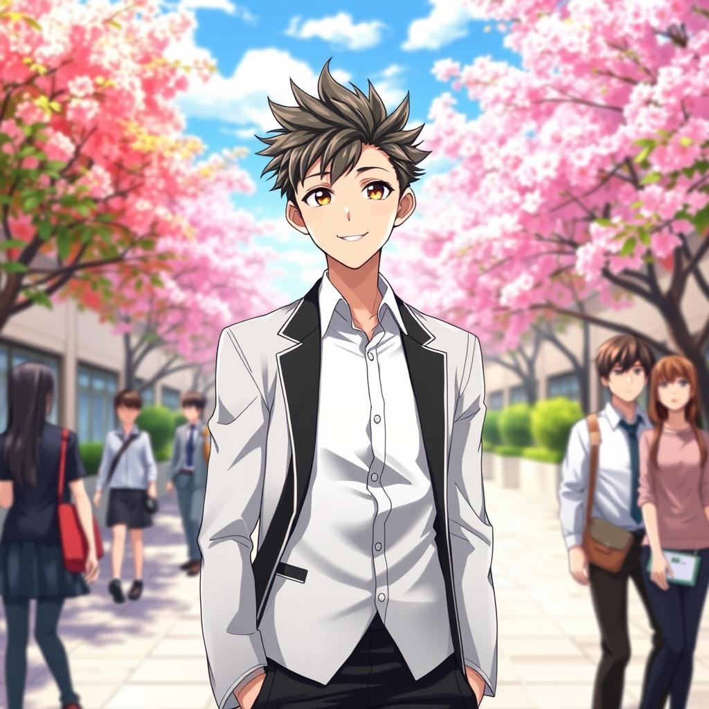 A 16-year-old anime boy in a sophisticated school uniform, consisting of a fitted white shirt, a sharp black blazer, and dark trousers