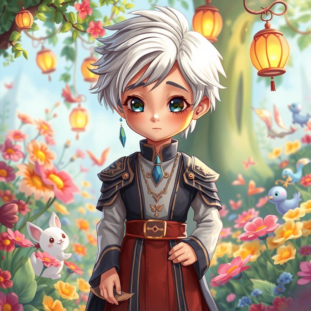 A cartoon painting of a shy noble boy with silver hair, dressed in elegant fantasy attire