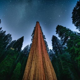 An impossibly large redwood tree reaching up to the stars in a vibrant night sky.