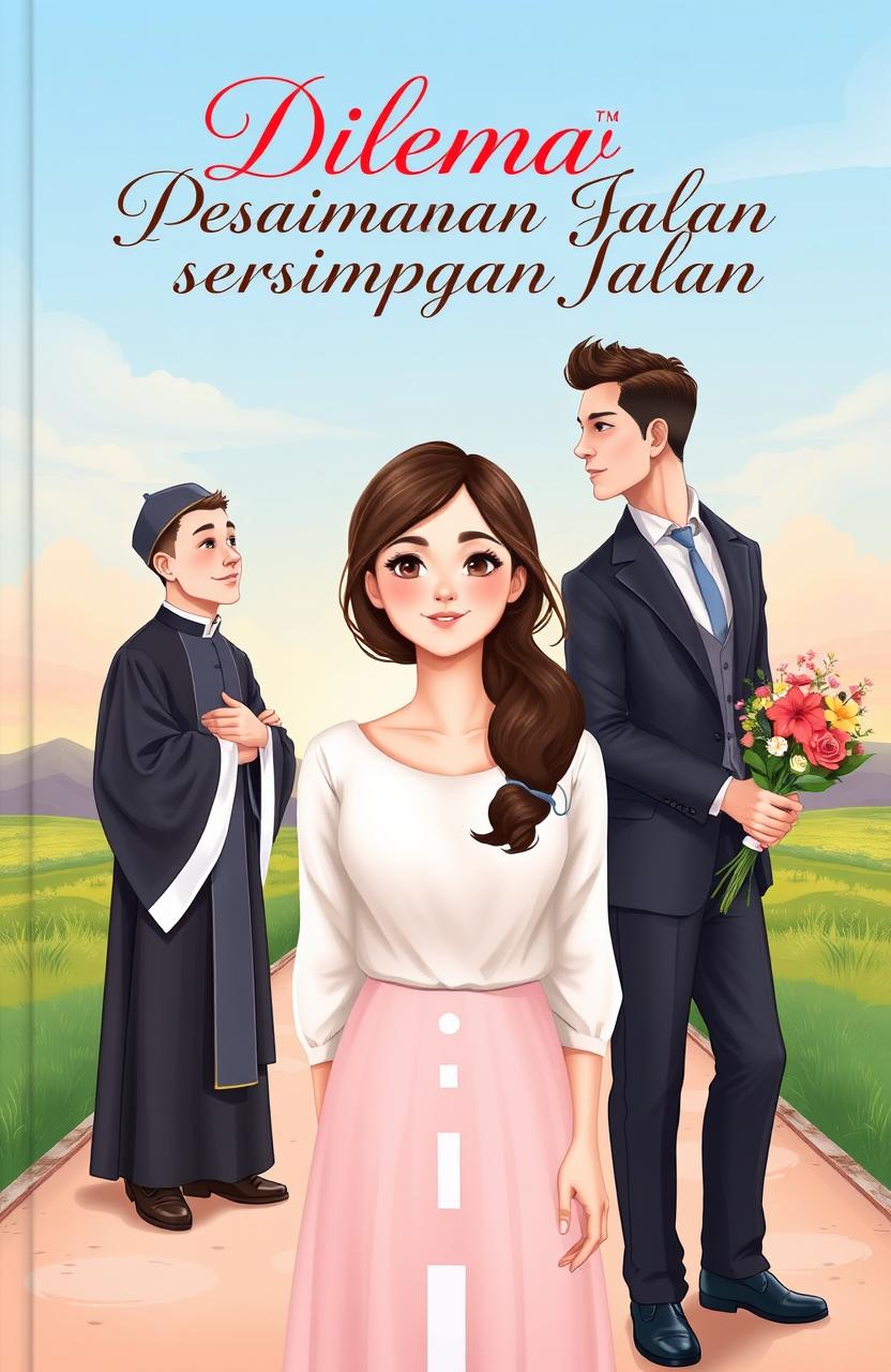 A book cover illustration titled 'Dilema di Persimpangan Jalan', depicting a love triangle scenario