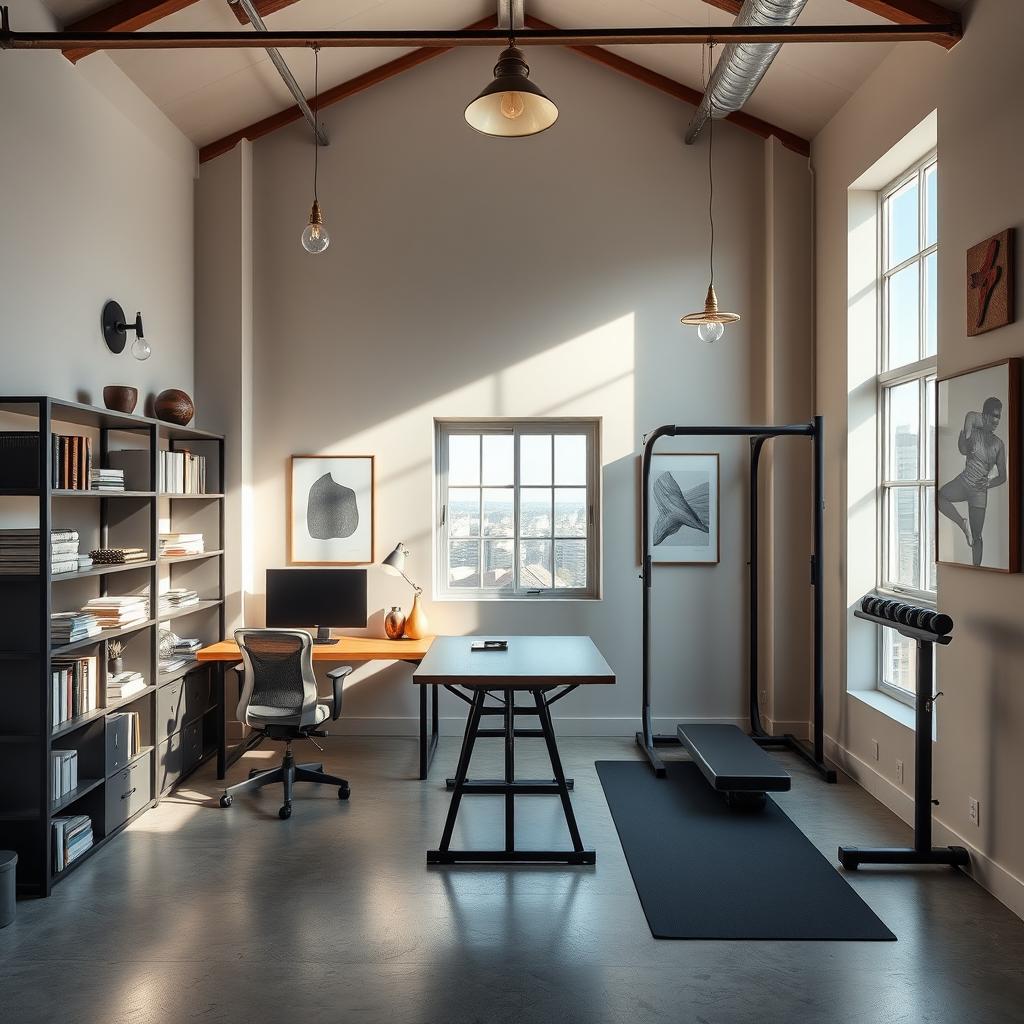 A stylish loft room designed with a perfect blend of study and gym space