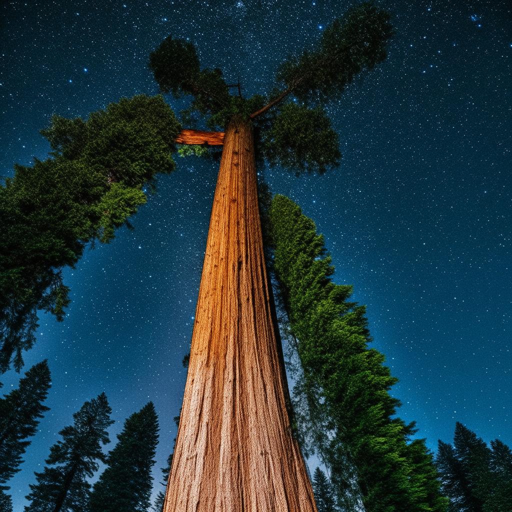 An impossibly large redwood tree reaching up to the stars in a vibrant night sky.