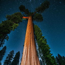 An impossibly large redwood tree reaching up to the stars in a vibrant night sky.