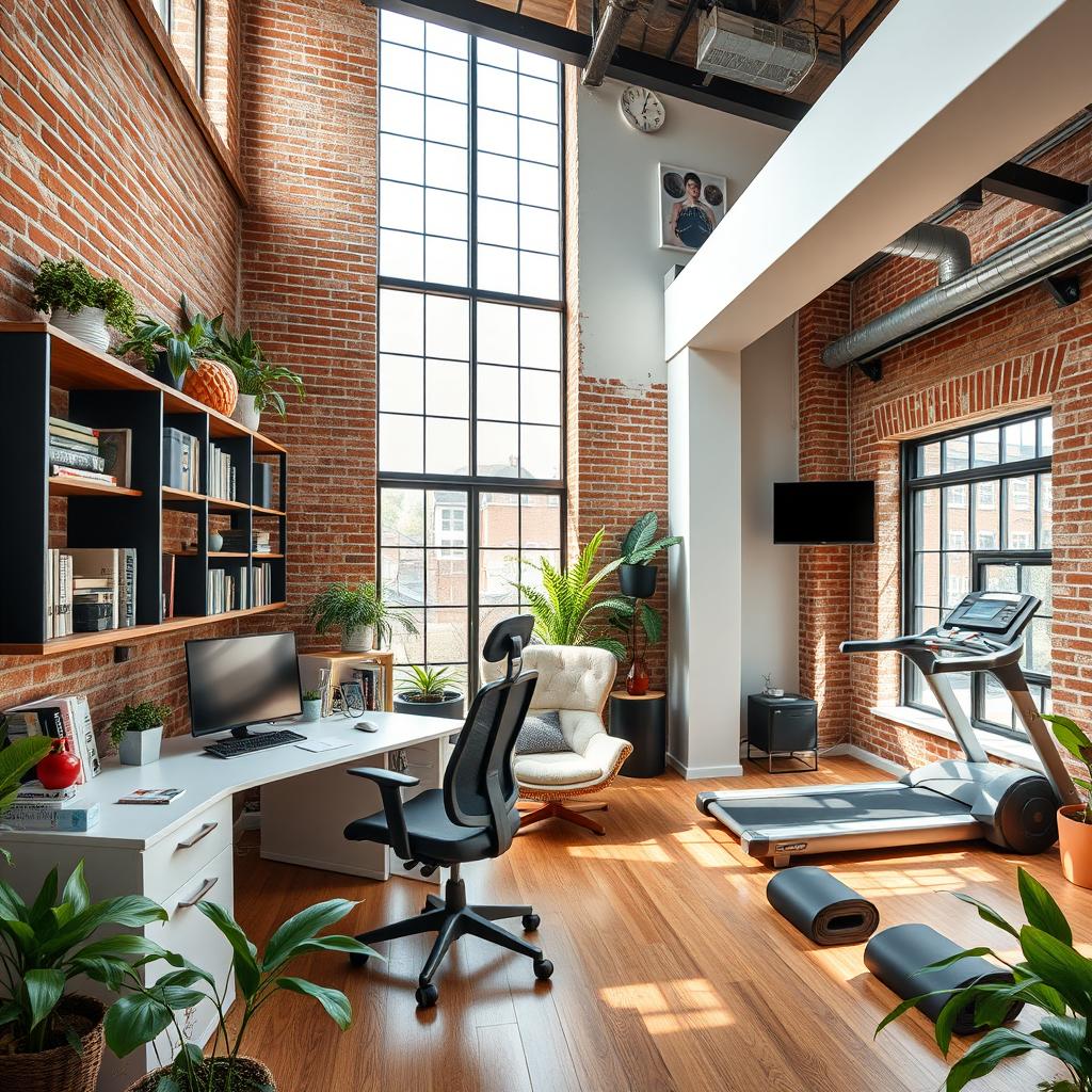 A beautifully designed loft room that combines a study area and a gym
