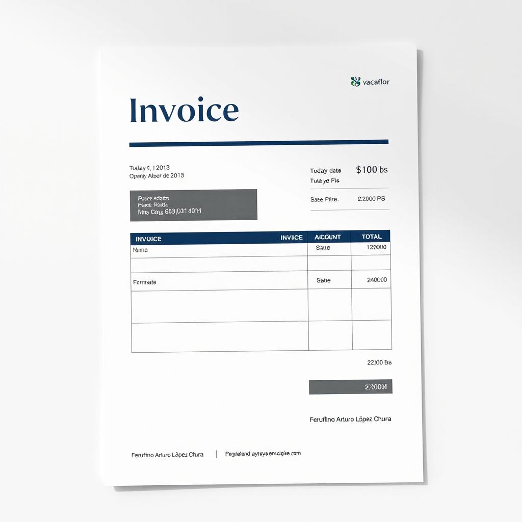 A beautifully designed invoice featuring the date which is today's date, a total amount of 100 bs, and a time stamp of 22:00 PM
