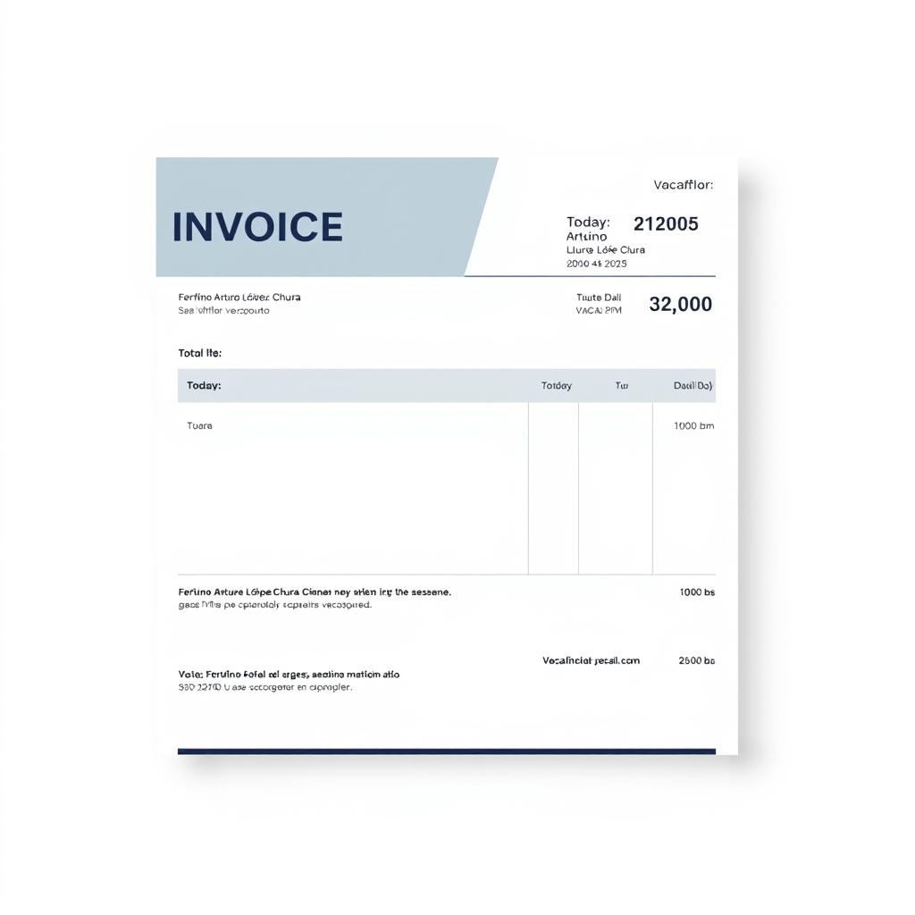 A professional invoice design that includes today's date, a total amount of 100 bs, and a time of 22:00 PM