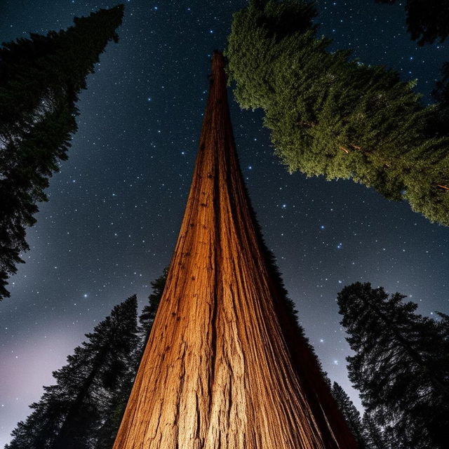 An impossibly large redwood tree reaching up to the stars in a vibrant night sky.