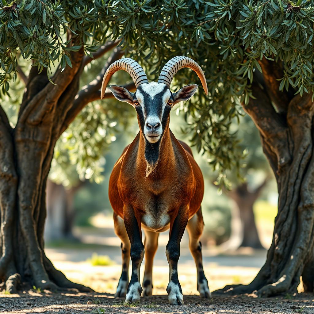 A majestic and robust Boer goat, embodying traditional features, stands proudly between two ancient olive trees