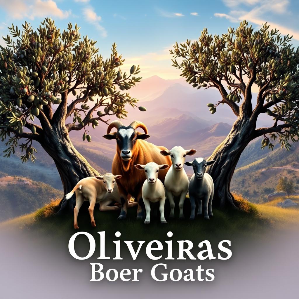 A realistic logo featuring two ancient olive trees, with a robust Boer goat and a female goat, along with two kids, nestled between them