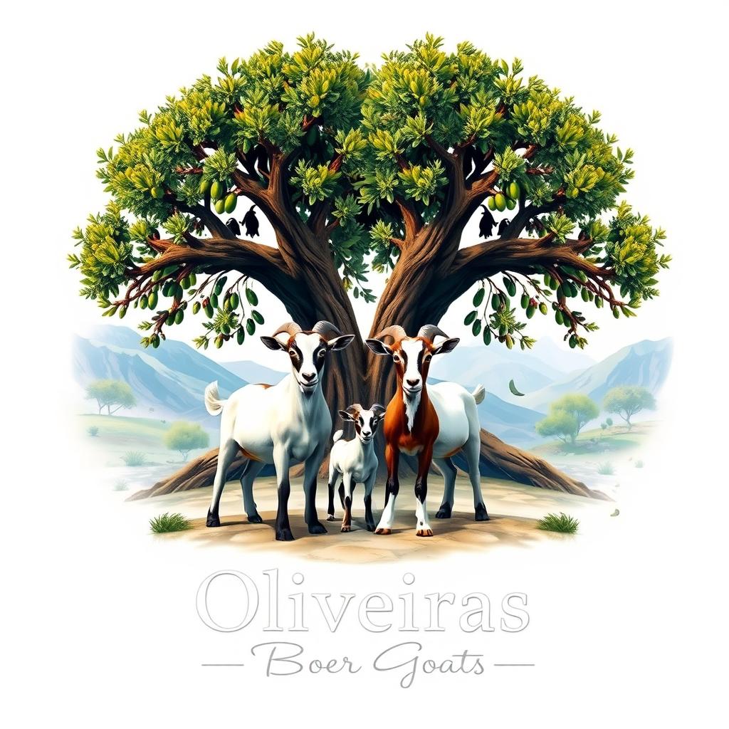 A realistic logo featuring two ancient olive trees, symbolizing longevity and tradition, prominently placed in the center