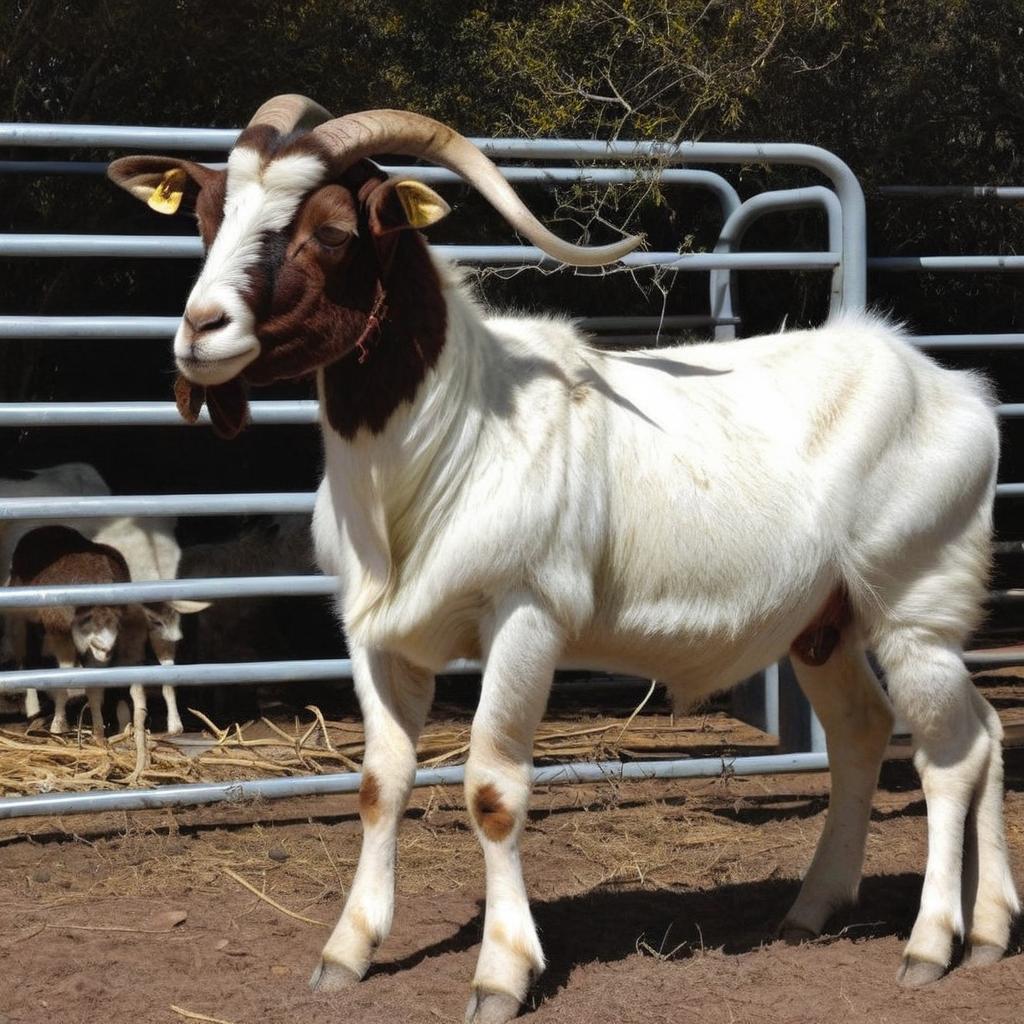 Cria um logo realista com duas oliveiras seculares e um bode de raça boer idêntico a este da imagem com uma fêmea da mesma raça e duas crias entre elas. Num cenário imaginário alusivo ao avatar. Com a descrição Oliveiras Boer Goats