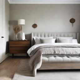 A cozy bedroom featuring a meticulously arranged table. The room carries tranquility and warmth.