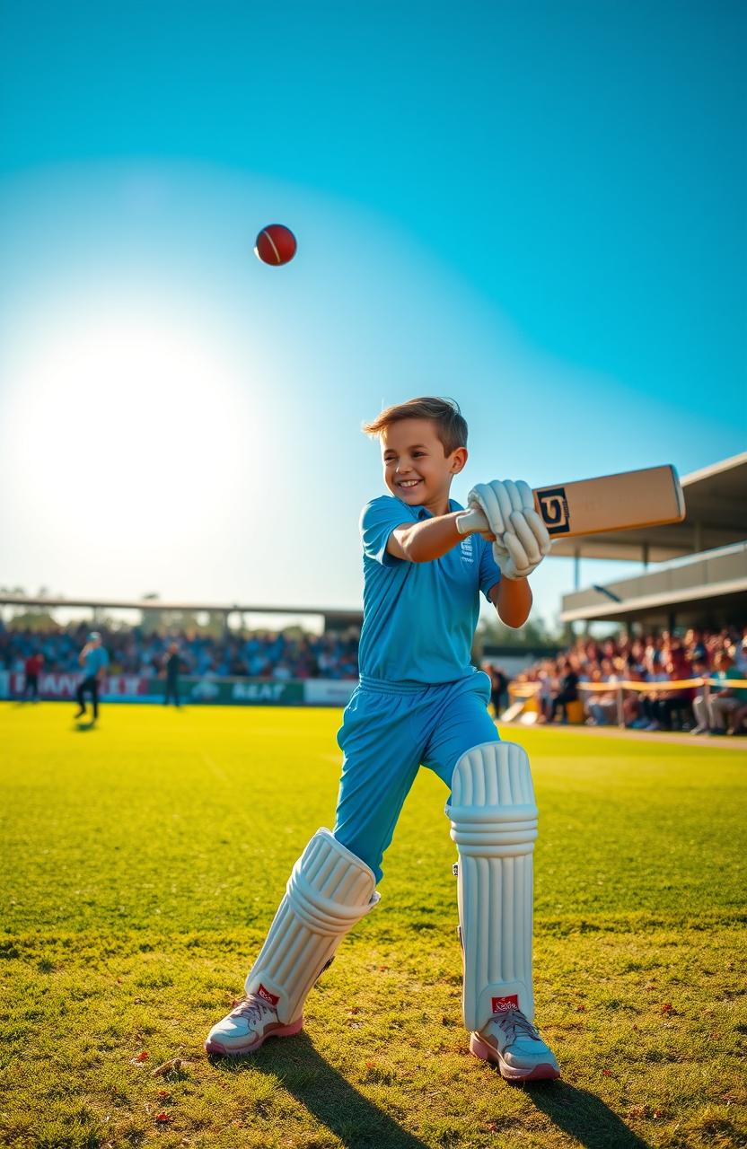 A boy playing cricket, hitting a six with an elegant swing of his bat, showcasing determination and joy on his face