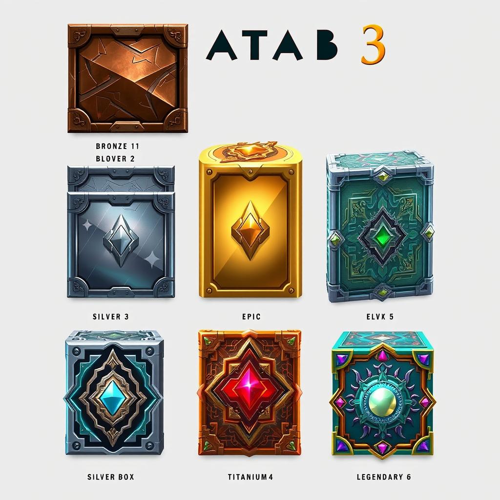Design six distinct mobile game boxes for a game called 'Shatab 3'