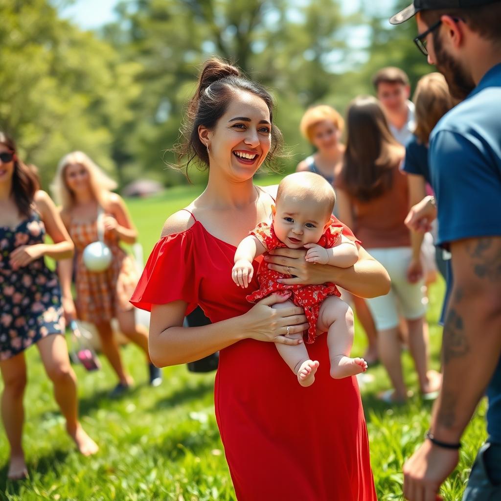 A scene depicting a group of people outdoors, focusing on a woman in a red dress holding a baby in her arms