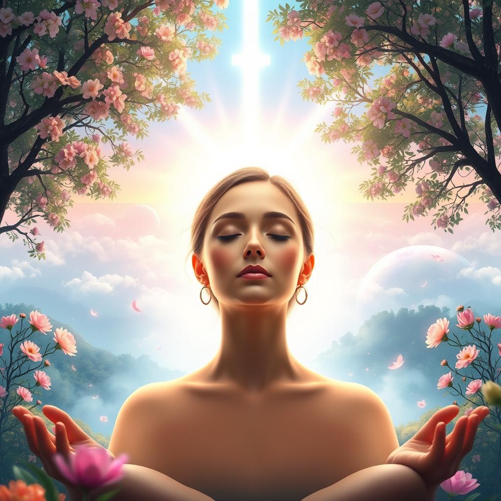A serene person meditating with their eyes closed, surrounded by an ethereal landscape that represents their future dreams and aspirations