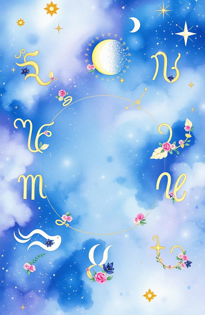 A beautiful watercolor painting showcasing the twelve zodiac signs in an artistic, dreamy style