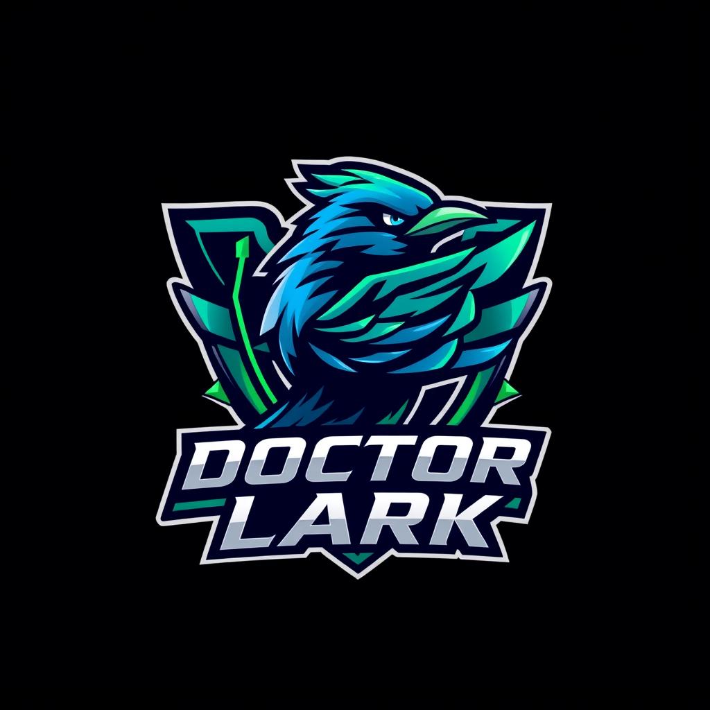 A sleek and modern esports logo for "Doctor Lark" featuring a stylized lark bird intertwined with gaming elements