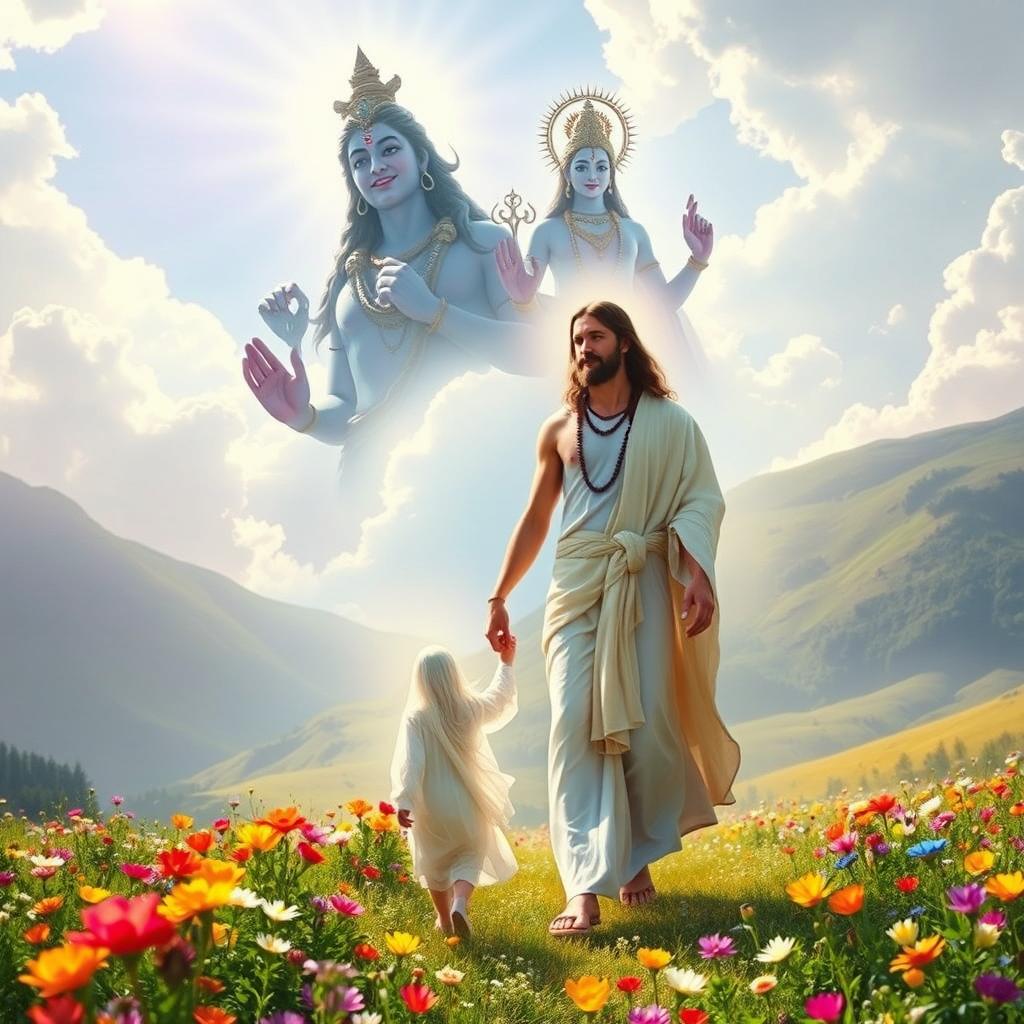 A beautiful ethereal and celestial scene featuring Lord Shiva and Lord Vishnu smiling down from the skies, radiating tranquility and knowledge, overseeing a serene landscape