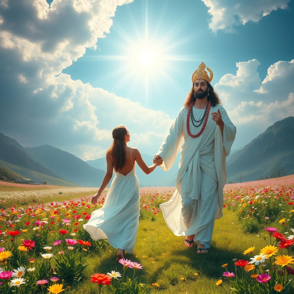 A beautiful ethereal and celestial image depicting Lord Shiva and Lord Vishnu smiling down from the skies, radiating peace and benevolence, looking over a serene landscape