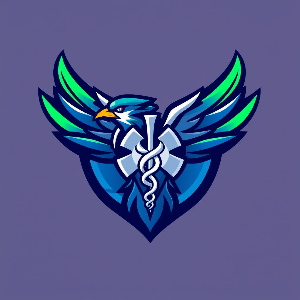 A creative esports logo featuring a stylized bird prominently integrated with a medical symbol, such as the caduceus or the Rod of Asclepius