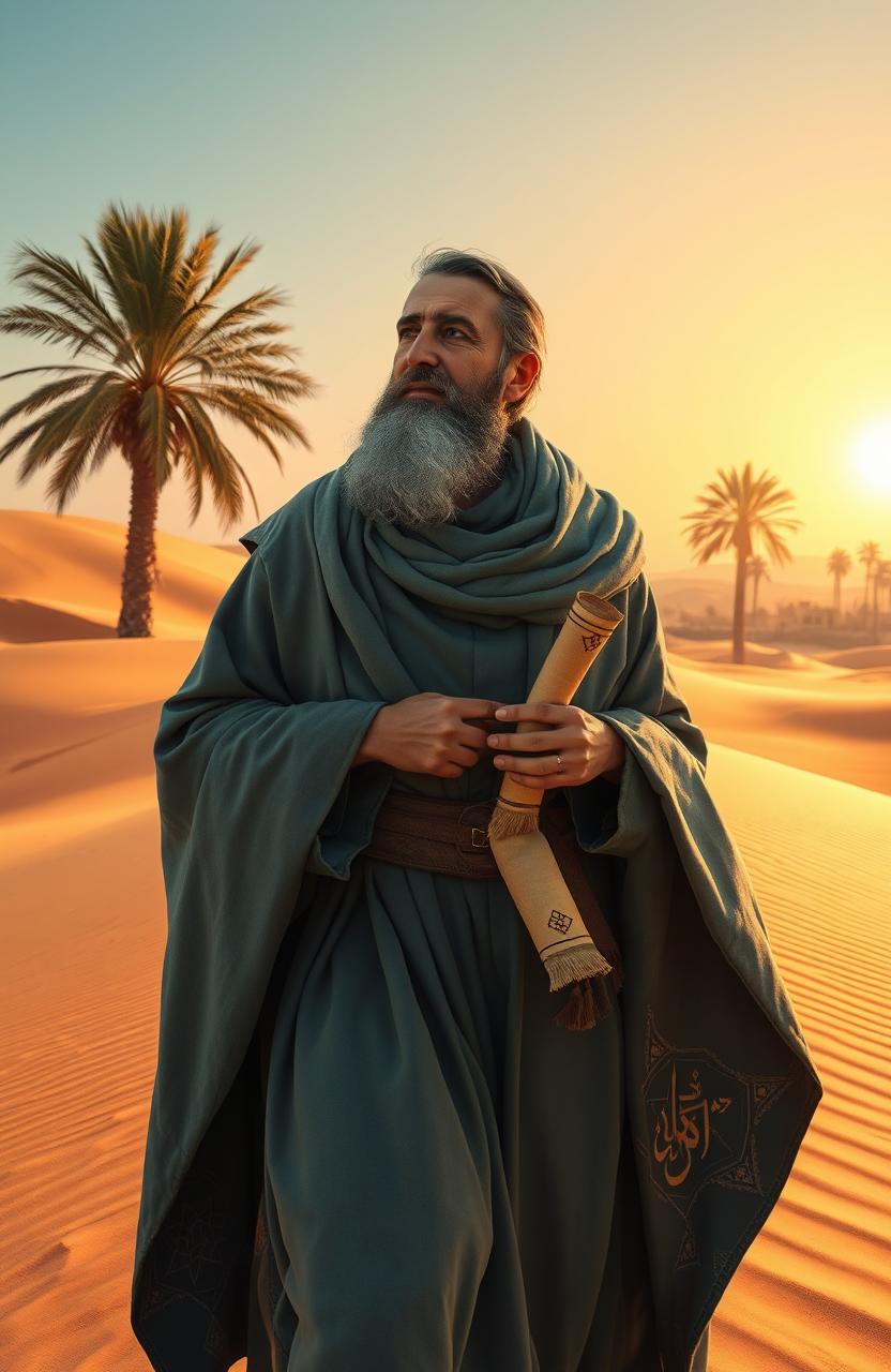 A wise and contemplative traveler on a journey in the style of an ancient Islamic epic, dressed in traditional flowing robes, surrounded by sand dunes under a clear blue sky