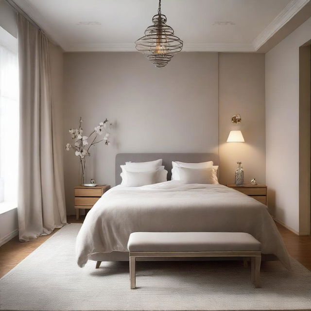 A cozy bedroom featuring a meticulously arranged table. The room carries tranquility and warmth.