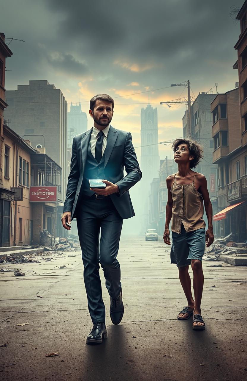 A surreal scene depicting a man from the future as a sophisticated and confident individual, dressed in sleek futuristic clothing, walking towards a poor and disheveled version of himself from the past