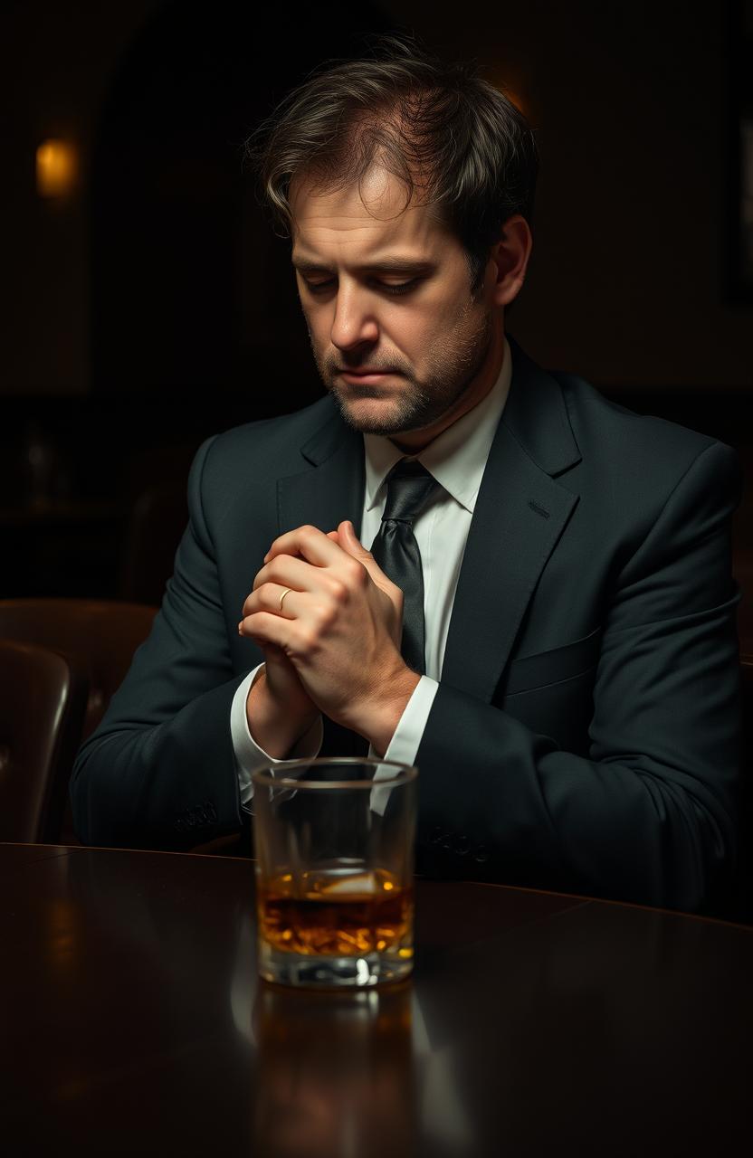 A man dressed in a business suit, sitting alone at a table in a dimly lit bar, with a look of despair on his face