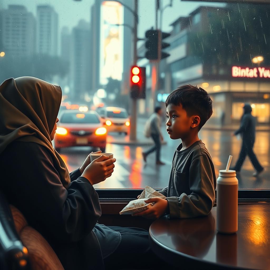 A young Indonesian Muslim woman in a modest hijab sits alone in a cozy café, gazing thoughtfully at her coffee cup