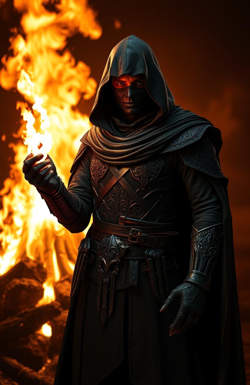 A veiled assassin standing confidently in front of a roaring fire, holding a small fireball in their hand, dressed in dark, intricate armor with a hood and a flowing cape