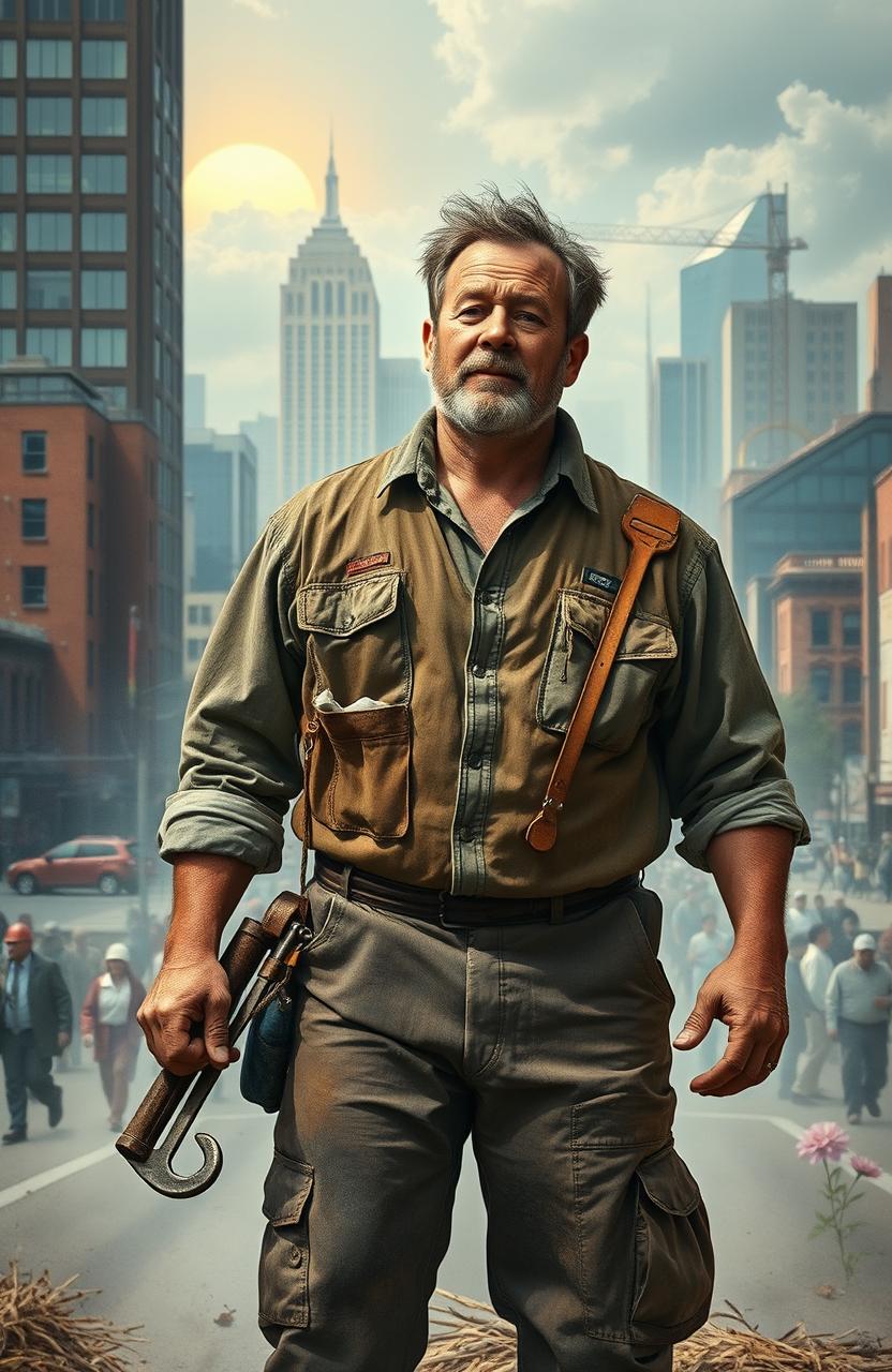 An inspiring scene depicting a down-and-out working-class man who has triumphed over life's struggles